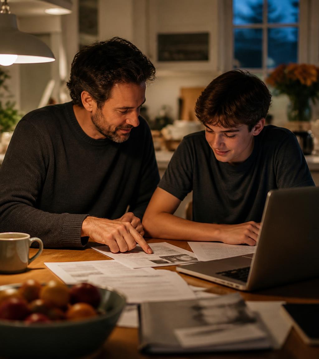 A parent helping their child work through study notes at the kitchen table
